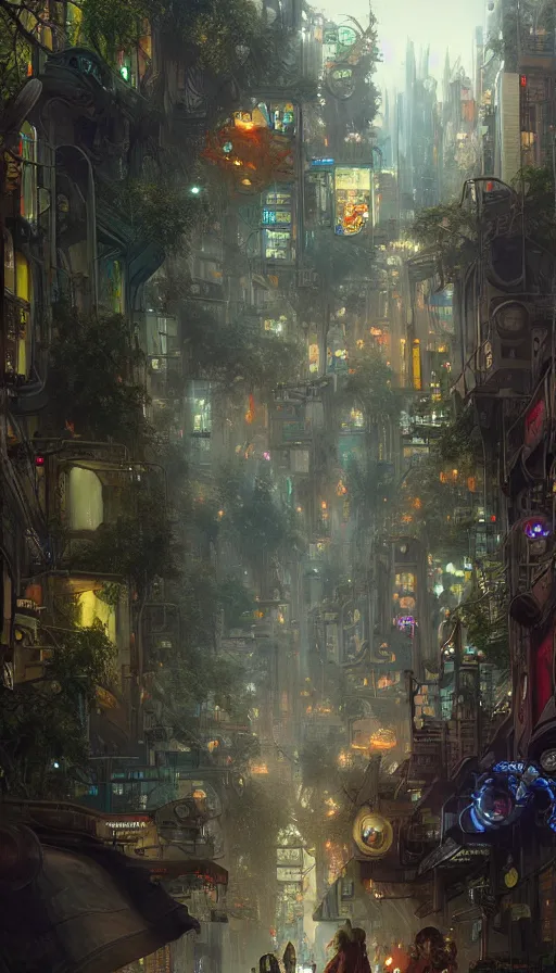 Image similar to hyper realistic cyberpunk city, busy crowded market street overtaken by lush plants, gnarly trees by tom bagshaw, mucha, gaston bussiere, craig mullins, j. c. leyendecker 8 k