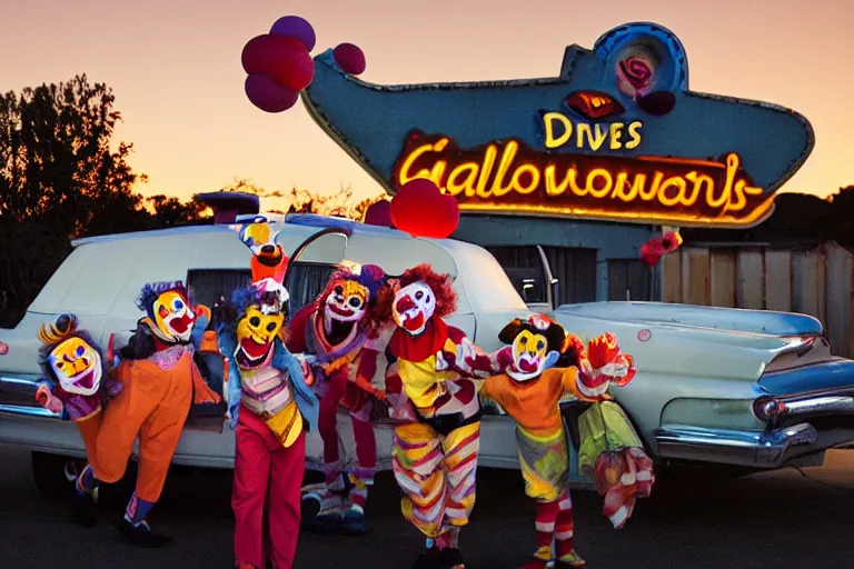 Prompt: 2 0 clowns leaving a clowncar at a california drive in, in 2 0 1 2, cutecore clowncore, bathed in the the glow of the sunset, low - light photograph, in style of henry selick