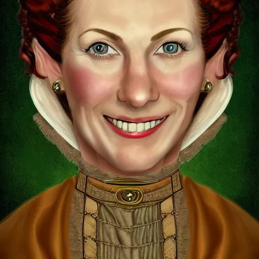 Image similar to head portrait, full faced, 40 years old women, light smile, dark red hair, green eyes, in beige expensive historic clothing, high detail, digital art, medieval fantasy