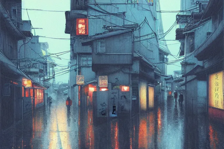 Image similar to a painting of a rain soaked back street in osaka at dusk, neon lights, dark figures walking, digital art, trending on artstation, by studio ghibli and greg rutkowski. zdzisław beksinski, spirited away. trending on artstation, hyperrealism, unreal engine