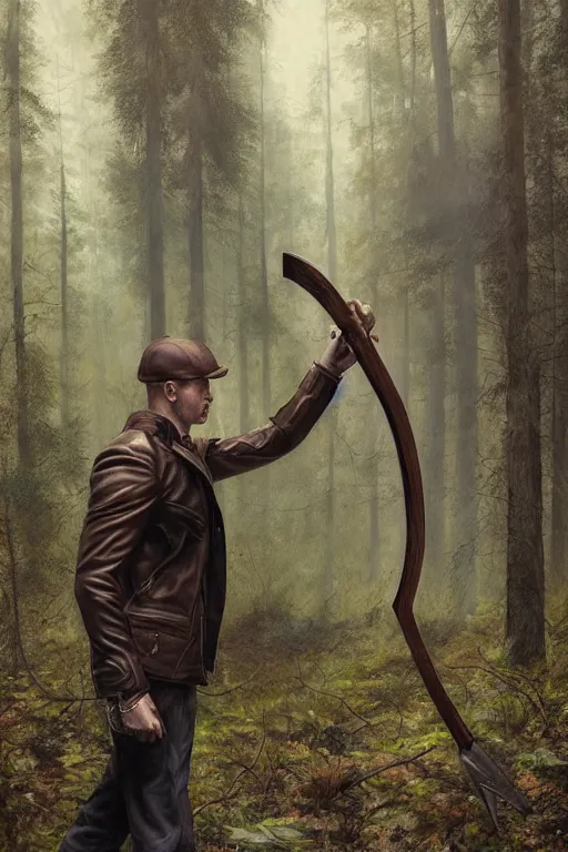 Prompt: a hitman named cobalt wearing a brown leather jacket and wielding a hatchet in the woods. art by tomasz alen kopera.