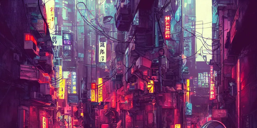 Image similar to Cyberpunk back alley with minimal number of neon lighting on a rainy day in Japan, low angle view, detailed matte painting, cinematic, Moebius, Artstation