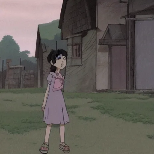 Prompt: ghost of a young girl, a burnt out village, cel shaded, studio ghibli, hayao miyazaki