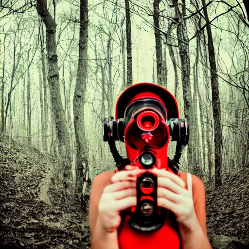 Image similar to stalker wearing a gas mask, red forest, dslr photo, film grain