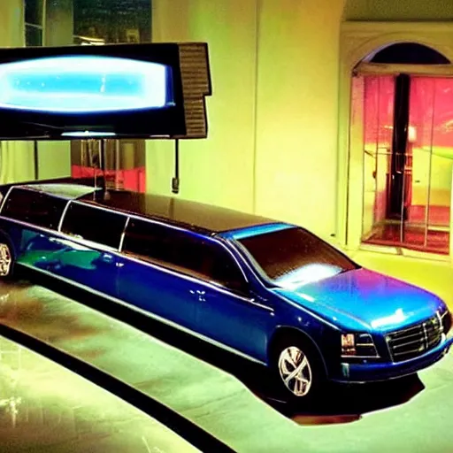 Image similar to barack obama on pimp my ride sitting in his newly upgraded presidential limo complete with a playstation 2, and a minibar. there are also neon lights in the interior.