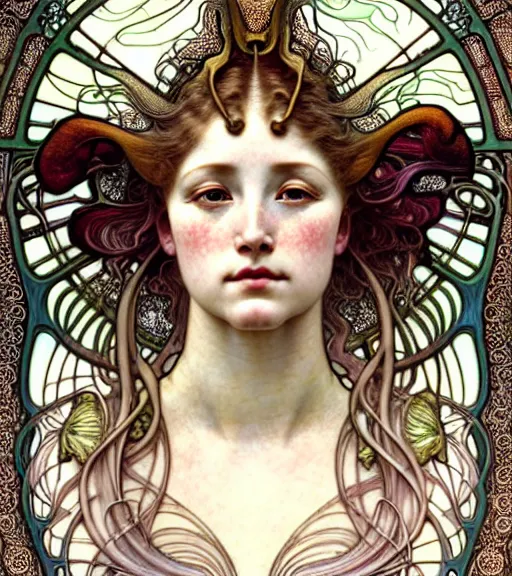 Image similar to beautiful young orchid fairy detailed realistic porcelain face portrait by jean delville, alphonse mucha, iris van herpen and charlie bowater, art forms of nature by ernst haeckel, art nouveau, symbolist, visionary, gothic, neo - gothic, pre - raphaelite, fractal lace, intricate alien botanical biodiversity, surreality, hyperdetailed ultrasharp octane render