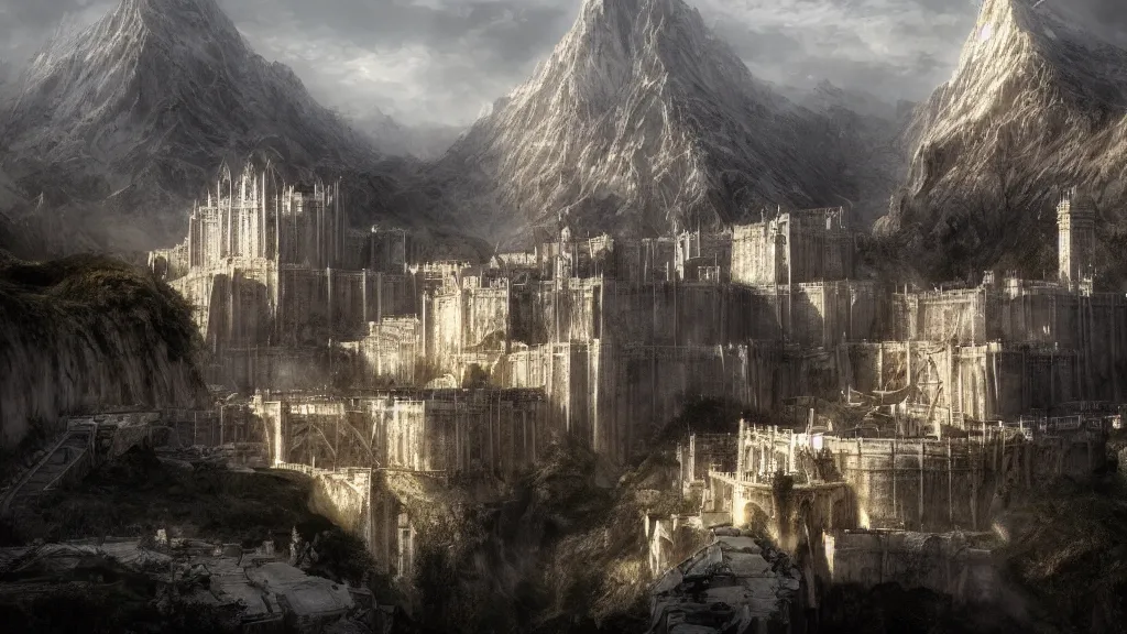 prompthunt: the white city of minas tirith in gondor, middle - earth, by  alan lee, michal karcz, smooth details, lord of the rings, game of thrones,  smooth, detailed terrain, oil painting, trending