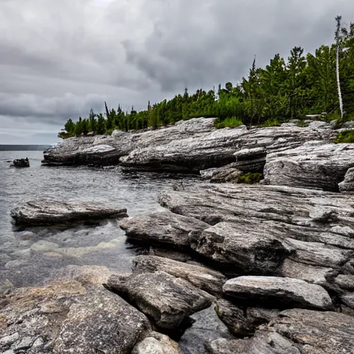 Prompt: rocky shore of the Bruce Peninsula on an overcast day, rain droplets falling in the water, 8k photo