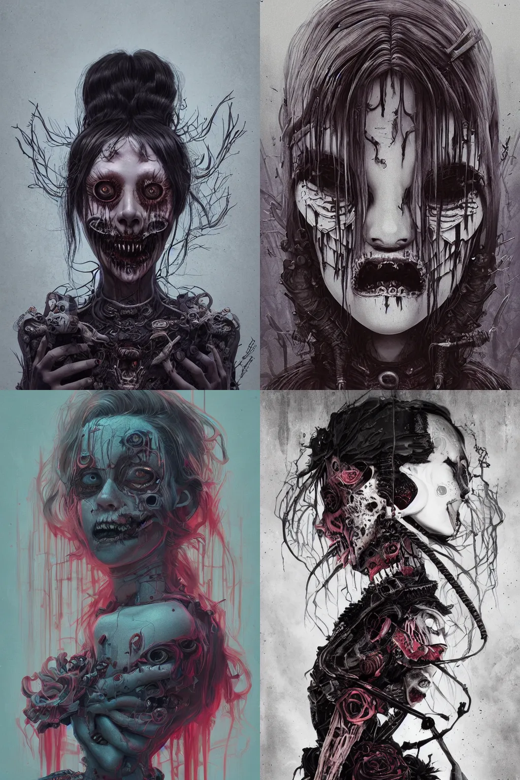 Image similar to portrait of a creepy horror punk girl . intricate abstract. intricate artwork. nightmare fuel. terrifying. by Tooth Wu, wlop, dan mumford , trending on artstation, greg rutkowski very coherent symmetrical artwork. cinematic, hyper realism, high detail, octane render, 8k