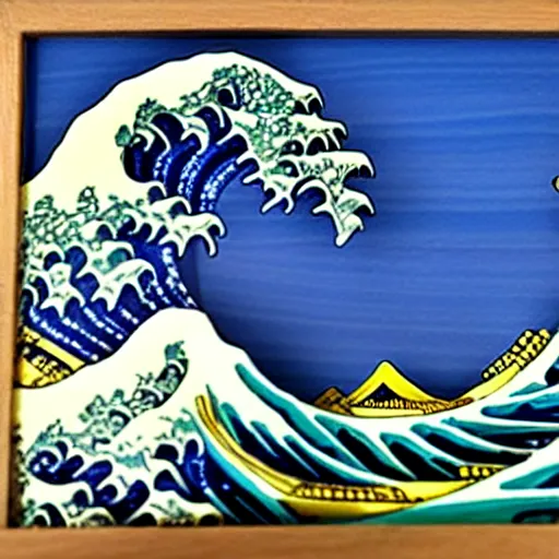 Image similar to carved diorama of the great wave off kanagawa made of marble with jade and gold insets