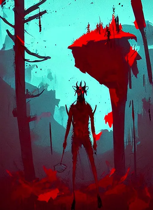 Prompt: horror art, minimalist demon, red peaks in the background, art by ismail inceoglu