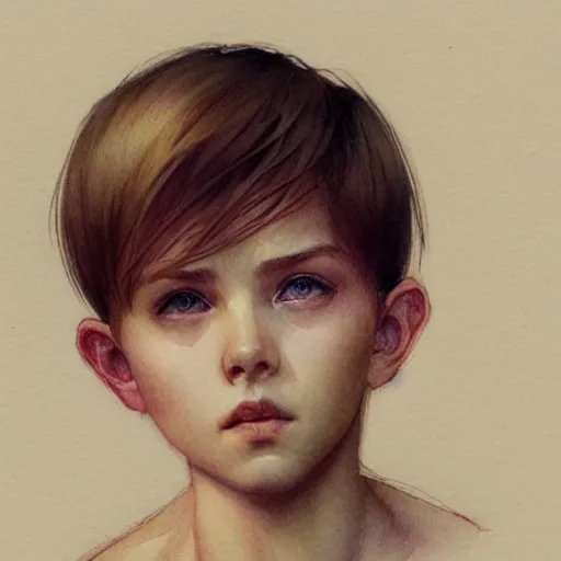 Prompt: young boy, short pink hair, light eyes, gorgeous, amazing, delicate, elegant, intricate, highly detailed, watercolor, portrait, artstation, concept art, sharp focus, illustration, art by artherm and greg rutkowski and alphonse mucha