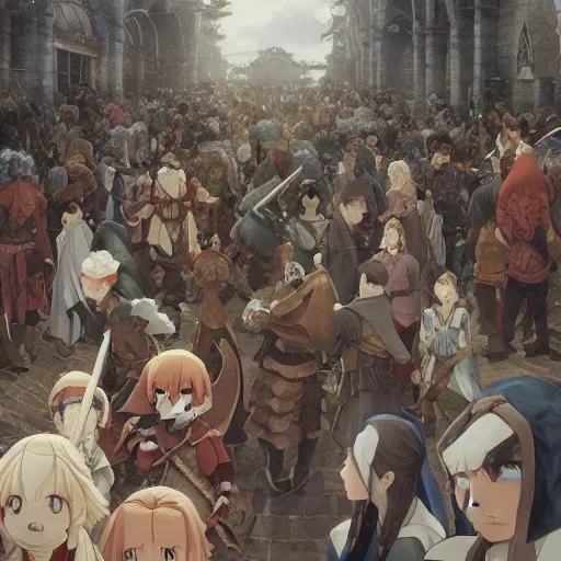 Prompt: A crowd of medieval fantasy characters, movie, digital art, 8k, character, realistic, portrait, photorealism, japan watercolour, masterpiece art, manga and anime, official Kyoto Animation and Studio Ghibli anime screenshot, by Range Murata and Makoto Shinkai