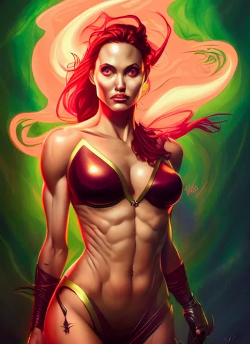 Prompt: style artgerm, joshua middleton, illustration, angelina jolie as paladin, strong, muscular, muscles, orange and pink tones, swirling green flames cosmos, fantasy, cinematic lighting, collectible card art