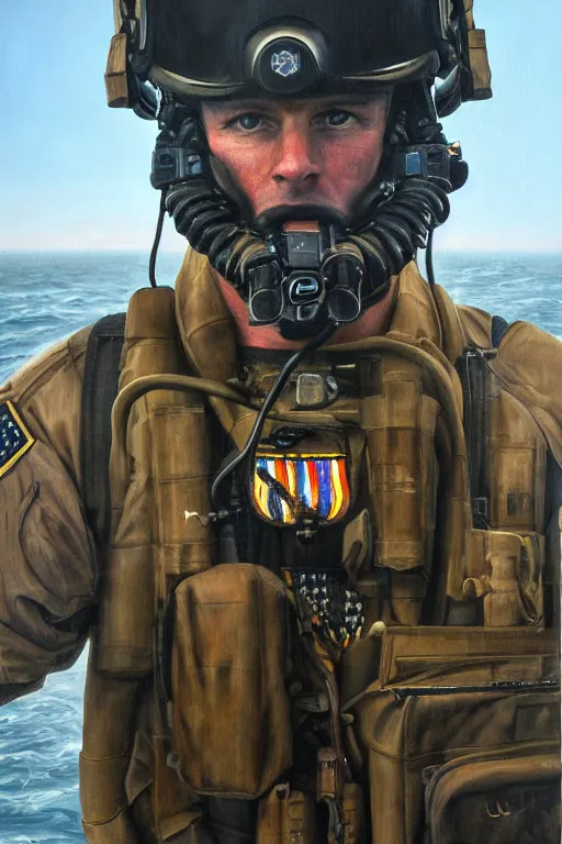 Image similar to portrait of a us navy seal, majestic, on aircraft carrier, fine art portrait painting, strong light, clair obscur, by peter paul rubbens