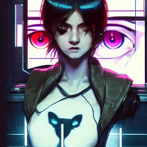 Prompt: A potrait of a cyberpunk cyborg girl with a cat in her shoulder, the girl has big and cute eyes, fine-face, realistic shaded perfect face, fine details. Very anime style. Realistic shaded lighting poster by Ilya Kuvshinov katsuhiro, magali villeneuve, artgerm, Jeremy Lipkin and Michael Garmash, Rob Rey and Kentarõ Miura style, trending on art station