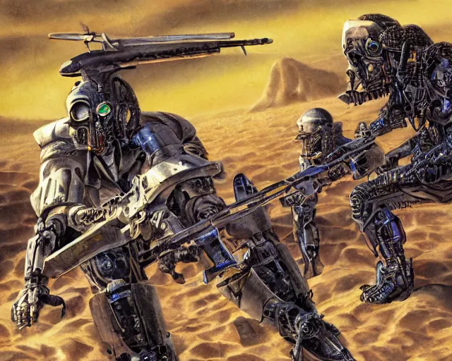 Image similar to cybernetic evil warzone bladed weapons razor projectiles humanoids goin stupid, desert scene