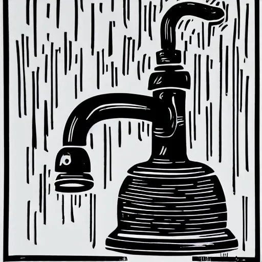 Prompt: black and white linocut of a leaky bathroom faucet dripping water