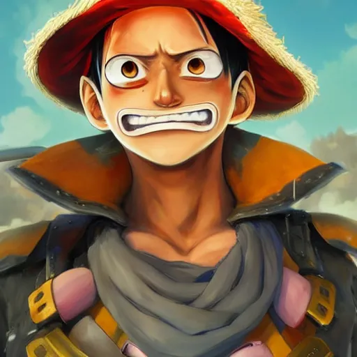 Prompt: Portrait painting of Luffy with stylized eyes as an Overwatch character, medium shot, asymmetrical, profile picture, Organic Painting, sunny day, Matte Painting, bold shapes, hard edges, street art, trending on artstation, by Huang Guangjian and Gil Elvgren and Sachin Teng, stylized eyes