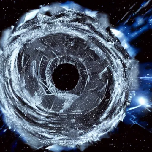 Image similar to vortex of metal debris from space stations and other colossal space objects in black, starless space, dark sci - fi movie scene