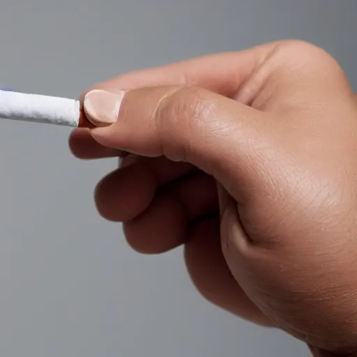 Prompt: Close-up of only realistic hand holding cigarette with smoke, hyper realism, white background, 4K