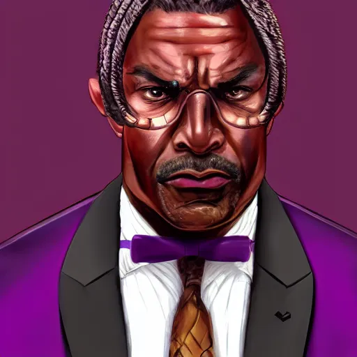 Image similar to a portrait of a muscular older black man with cornrows and a purple suit with a monocle on, D&D, sci-fi, elegant, hopeful, muscular, highly detailed, digital painting, artstation, concept art, smooth, sharp focus, illustration