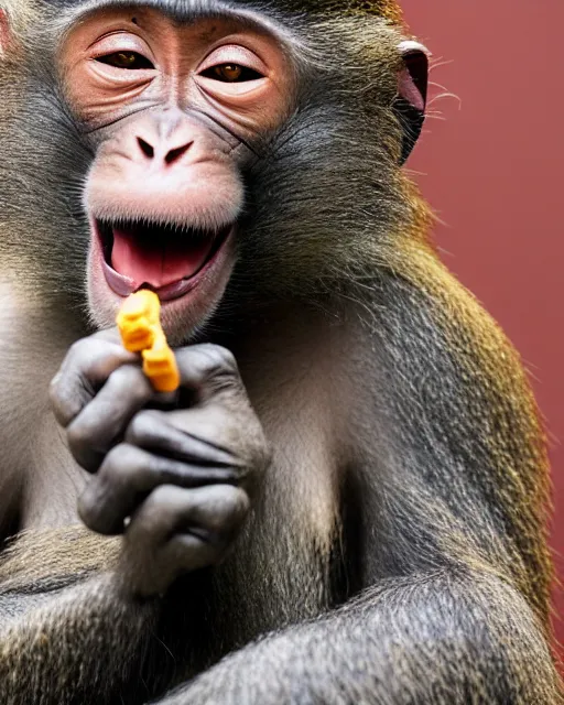 Prompt: photo of a happy monkey smoking a joint while sitting on a couch at home, 4k,