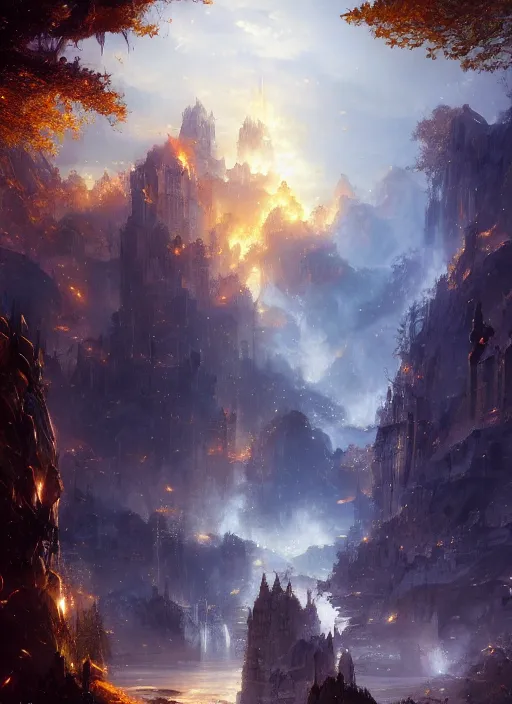 Prompt: a fantasy golden city smoulders, embers fly, epic atmosphere, by greg rutkowski, nature by asher brown durand, composition by yoshitaka amano