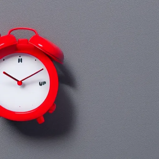 Image similar to Very tiny red alarm clock that looks like the iOS emoji and has the same colors, 3D clay render, 4k UHD, white background, isometric top down left view, diffuse lighting, zoomed out very far