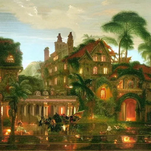 Prompt: many jewel colored hummingbirds with milky eyes hovering around plants in front of a sprawling manor in a renaissance architecture city street at night with rainforest greenery, thomas cole, illustration