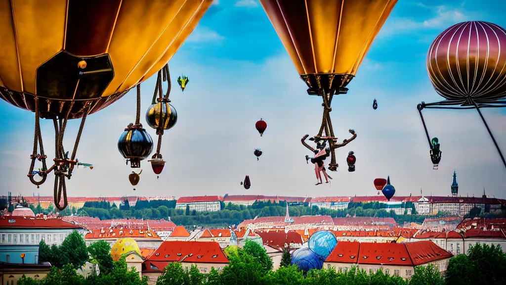 Prompt: large colorful futuristic space age metallic steampunk steam - powered balloons with pipework and electrical wiring around the outside, and people on rope swings underneath, flying high over the beautiful prague city landscape, professional photography, 8 0 mm telephoto lens, realistic, detailed, photorealistic, photojournalism