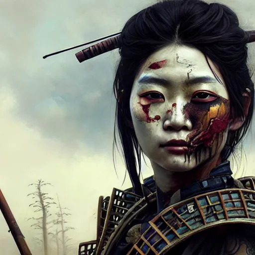 Image similar to portrait painting of a post - apocalyptic japanese lady with warpaint on her face wearing rusty samurai armor, ultra realistic, concept art, intricate details, eerie, highly detailed, photorealistic, octane render, 8 k, unreal engine. art by artgerm and greg rutkowski and charlie bowater and magali villeneuve and alphonse mucha