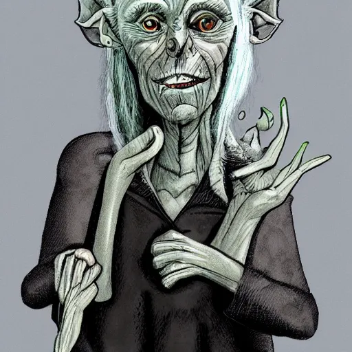 Image similar to creepy old goblin lady with magical nature powers, silver hair, dark yellow eyes, and a pep in her step, digital art