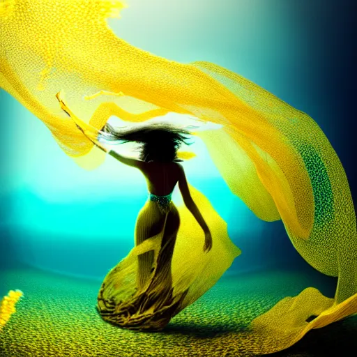 Image similar to woman dancing underwater wearing a long flowing dress made of many translucent layers of gold and blue lace seaweed, bolts of bright yellow fish, delicate coral sea bottom, swirling silver fish, swirling smoke shapes, octane render, caustics lighting from above, cinematic, hyperdetailed