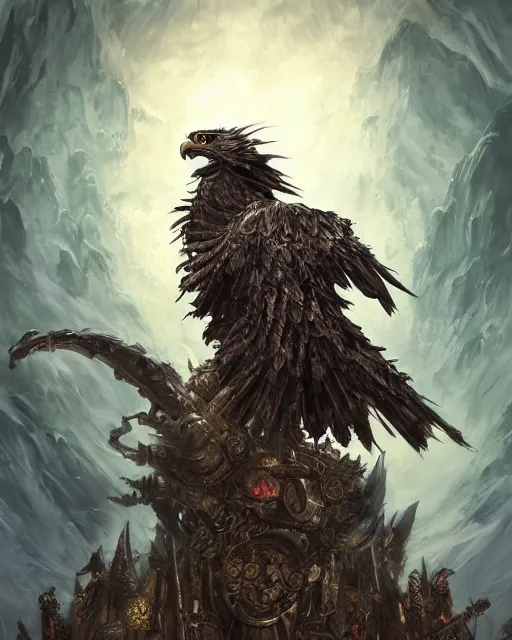 Image similar to Grinning Eagle, Anthropomorphized, as evil warlord general on skull throne, magic the gathering artwork, D&D, fantasy, cinematic lighting, centered, symmetrical, highly detailed, digital painting, artstation, concept art, smooth, sharp focus, illustration, volumetric lighting, epic Composition, 8k, art by Akihiko Yoshida and Greg Rutkowski and Craig Mullins, heroic pose, oil painting, cgsociety, Battlefield background, explosions, arrows