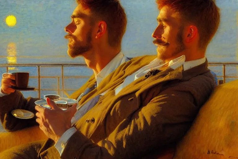 Prompt: attractive man drinking coffee, sunset, painting by gaston bussiere, carl larsson, tom of finland, trending on artstation