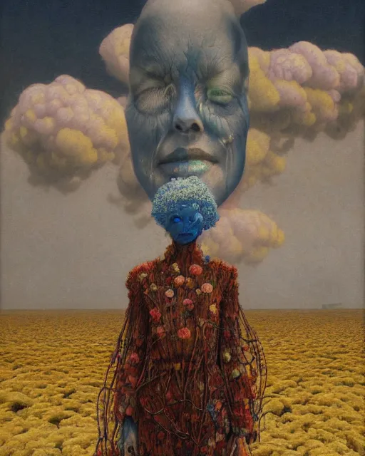 Image similar to A portrait of a woman wearing clothes made out of dying flowers, nuclear explosion in the background, Masterpiece, blue skin, glowing, wires everywhere, by Edgar Maxence and Ross Tran, Zdzisław Beksiński, and Michael Whelan, distant, gustav dore, H.R. Giger, 8k, octane render