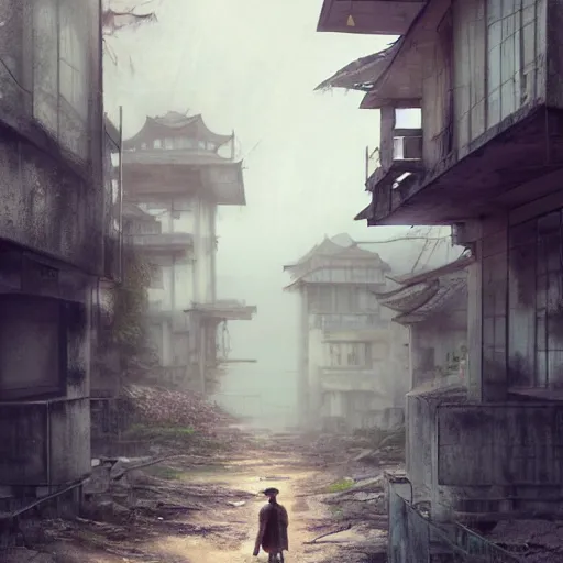 Image similar to walking around dilapidated!! abandoned ikeshima island, nagasaki, japan. volumetric lighting, foggy, spring evening, dark overcast weather, realistic illustration, perfectly shaded, ( golden hour ) soft painting, art by krenz cushart and wenjun lin