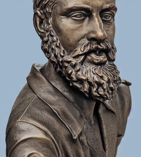 Prompt: a 4 k photorealistic photo medium shot of a bronze statue of a man with a beard.