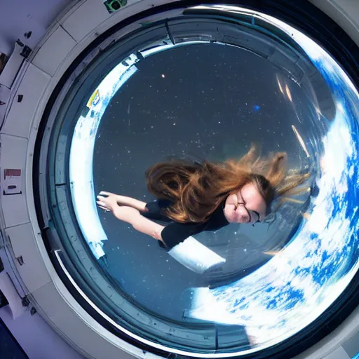 Prompt: wide angle photograph of woman looking out a space station cyberpunk window onto earth outside below