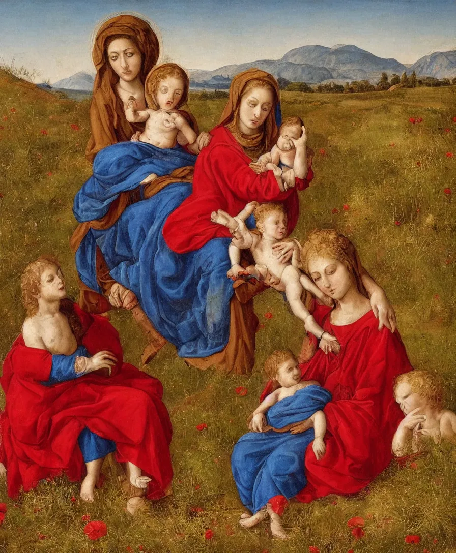 Prompt: Detailed Portrait of Madonna, red shirt blue cloth, with infant Jesus playing with a cross and another boy in the style of Raffael. Curly red hair. They are sitting in a dried out meadow near Florence, red poppy in the field. On the horizon, there is a lake with a town and mountains. Flat perspective.