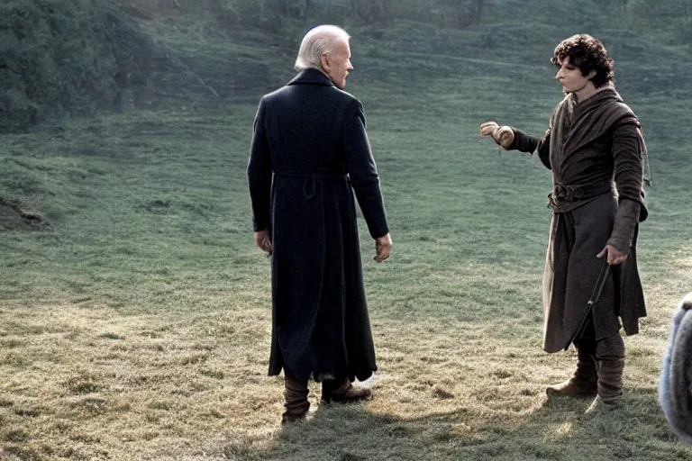 Image similar to joe biden and frodo taking the ring, movie still, from the movie lord of the ring, 8 k, hd