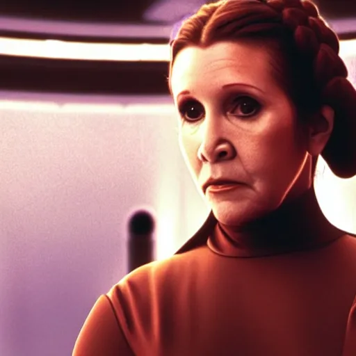 Image similar to a full color still of Carrie Fisher as Leia Organa as a regal Senator in the Galactic Senate talking to an alien, cinematic lighting, 1999, directed by Steven Spielberg, 35mm