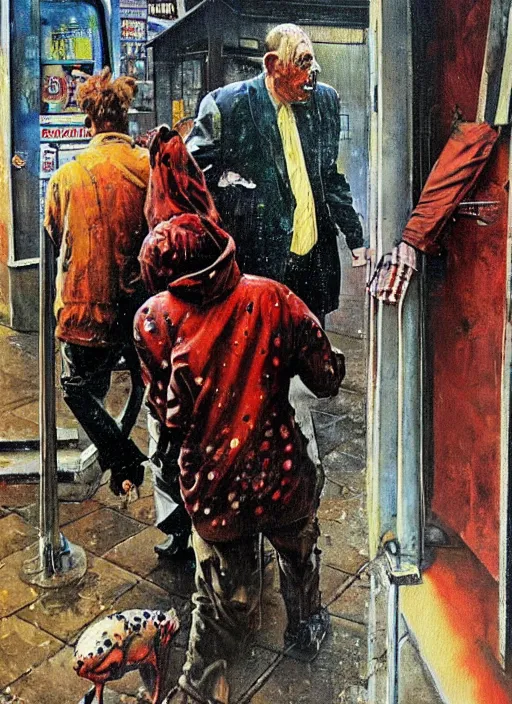 Image similar to a dariusz zawadzki painting of a creature covered in tripophobic holes walking towards a man at a gas station, full view, concept art, extremely high details, francis bacon, norman rockwell, hyper realistic high quality scene of the end of the world by francis bacon and edward hopper, horror art, scene from godfather