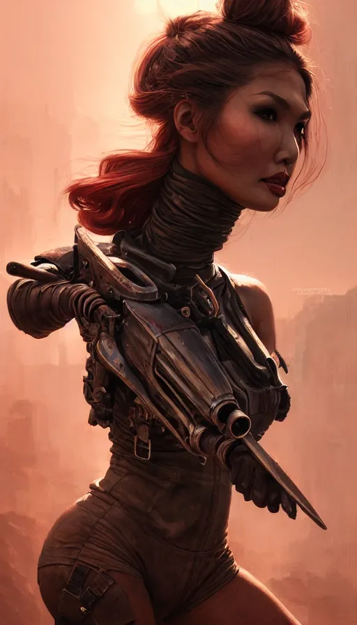 Image similar to road warrior, gemma chan beautiful girl, poetic, gorgeous, muscle cars, weapons, dystopian, grindhouse, george miller, made by stanley artgerm lau, wlop, rossdraws, james jean, andrei riabovitchev, marc simonetti, yoshitaka amano, beksinski artstation, cgsociety