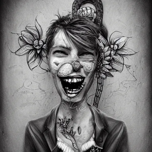 Image similar to surrealism grunge cartoon sketch of a human snake with a wide smile holding flowers by - michael karcz, loony toons style, horror theme, detailed, elegant, intricate