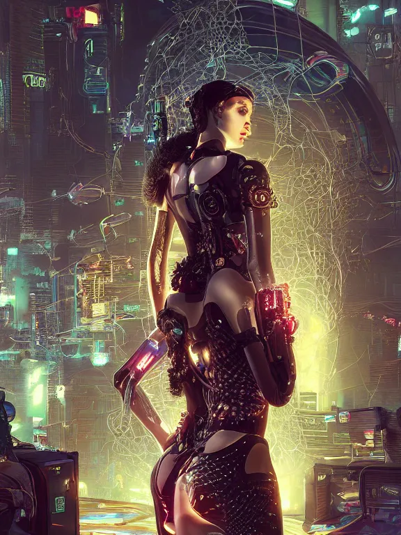 Prompt: a cyberpunk 2077 illustration portrait of A veiled female android queen kneel and pray with lots of complex mess of cables and wires behind them connected to giant computer,bowknot, fine lace, GUCCI, glittering, jewel embellishment, film lighting, by Artgerm,Lawrence Alma-Tadema,William Morris,Dan Mumford, trending on atrstation, full of color, mythological, high detailed,golden ratio,cinematic lighting