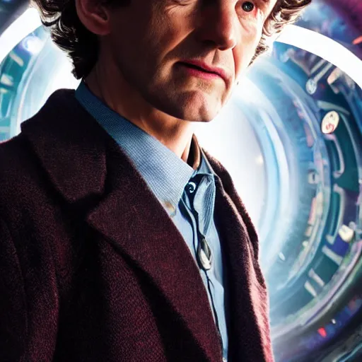 Image similar to a beautiful full body photograph of the doctor, time vortex in the background, detailed face, symmetrical face, extreme realism and detail, 8 k, completely framed, direct lighting, 3 5 mm photo, photorealistic, sharp focus