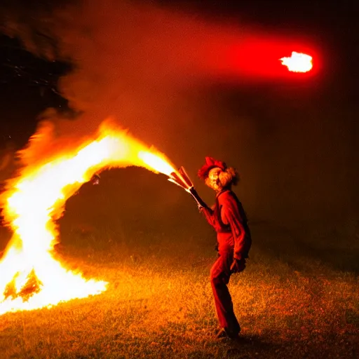 Image similar to photo of a clown using a flamethrower projecting a long bright flame towards a house fire