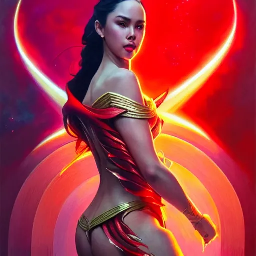 Image similar to catriona gray as darna, volumetric lights, red and cyan theme, art nouveau botanicals, intricate, highly detailed, digital painting, artstation, concept art, smooth, sharp focus, cinematic, illustration, beautiful face, art by artgerm and greg rutkowski and alphonse mucha